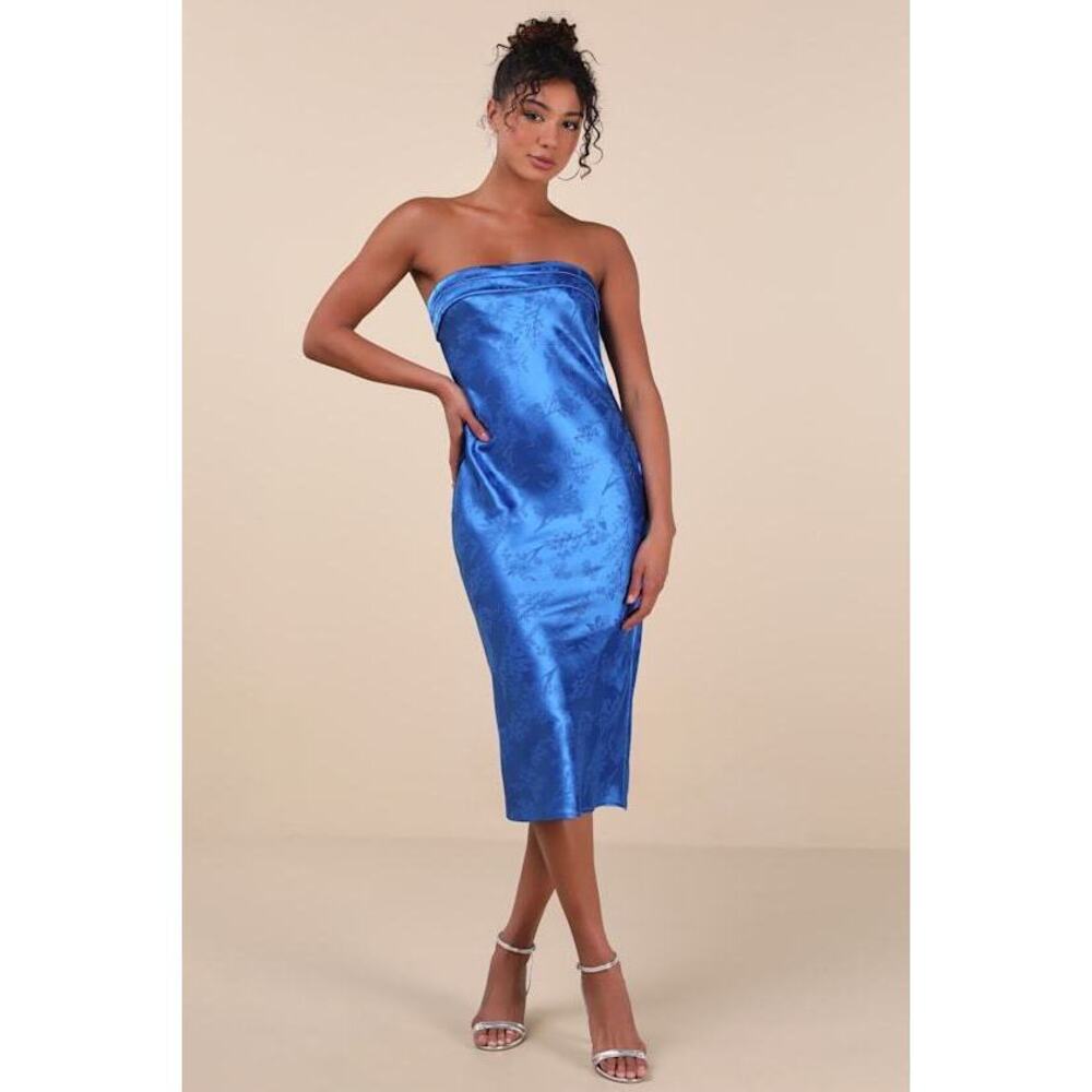 Lulus Impressive Favorite Blue Jacquard Strapless Midi Dress - Size M